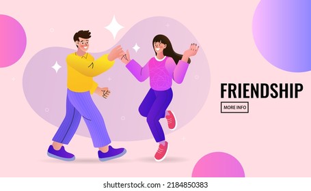 Happy people jumping and giving high five. Friend or colleague greeting. Personal relationships, leisure time, positive emotions. Social communication concept. Vector flat style cartoon illustration.