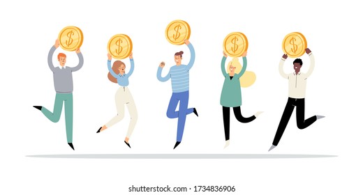 Happy people jumping with golden coins in hands. Set of rich men and women, careless wealthy characters, financial success, lottery win, fortune, good luck, business concept isolated on background