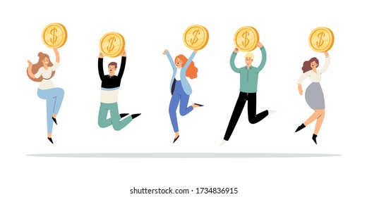 Happy people jumping with golden coins in hands. Set of rich men and women, careless wealthy characters, financial success, lottery win, fortune, good luck, business concept isolated on background