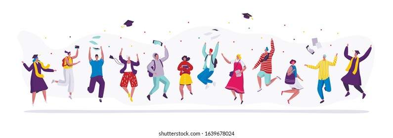 Happy People Jumping Graduation Students, Cartoon Characters Vector Illustration. Set Of Isolated Figures Of Jumping Men And Women, College Students Celebrating Graduation Party. Modern Flat Style