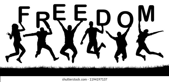 Happy people jumping, hold the letters in their hands, the word freedom. Vector silhouette