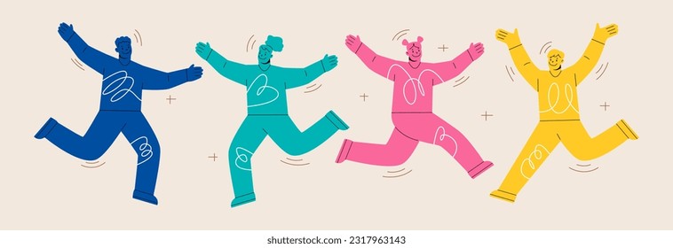 Happy people jumping joy, fun. Young excited people celebrating success. Colorful vector illustration
