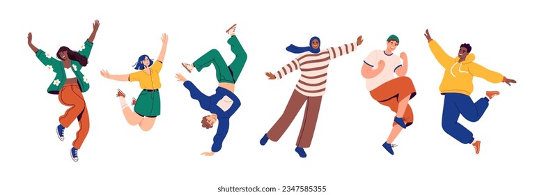 Happy people jumping from joy in modern clothes. Young people celebrate success, achievement. Flat vector illustration.