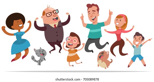 Happy people jumping for joy. Vector cartoon character of joyful men, women, children, dogs and cats isolated on white background.