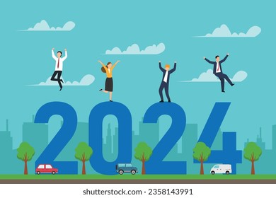 Happy people jumping on huge 2024 new year numbers 2d vector illustration concept for banner, website, landing page, flyer, etc