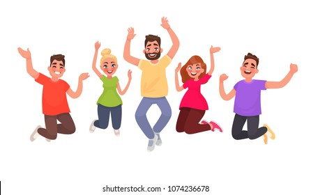 Happy people jumping on a white background. The concept of freedom, happiness, motion and friendship. Vector illustration in cartoon style