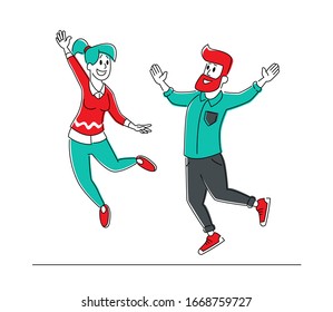 Happy People Jumping on White Background. Young Joyful Man and Woman Characters Jump and Dancing with Raised Hands. Happiness, Freedom, Motion and Motivational Concept. Linear Vector Illustration