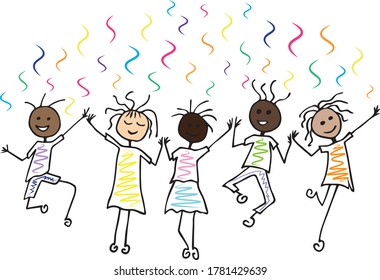 happy people jumping; party celebration; friends company; cartoon style vector illustrations