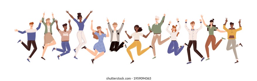 Happy people jumping set. Diverse group of joyful people with raised hands jumping together. Positive and laughing men and women. Young funny teens guys and girls jumping together. Flat illustration