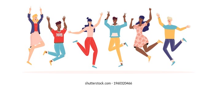 Happy people jumping set. Diverse group of joyful people with raised hands jumping together. Positive and laughing men and women. Young funny teens guys and girls jumping together. Flat illustration
