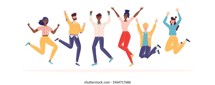 Happy people jumping set. Diverse group of joyful people with raised hands jumping together. Positive and laughing men and women. Young funny teens guys and girls jumping together. Flat illustration