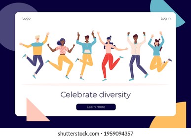 Happy people jumping set. Group of joyful people with raised hands jumping together. Positive and laughing men and women. Young funny teens guys and girls. Template for website or web landing page. 