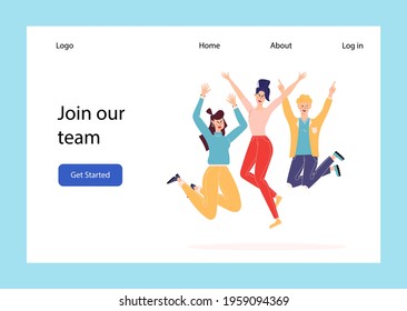 Happy people jumping set. Group of joyful people with raised hands jumping together. Positive and laughing men and women. Young funny teens guys and girls. Template for website or web landing page. 