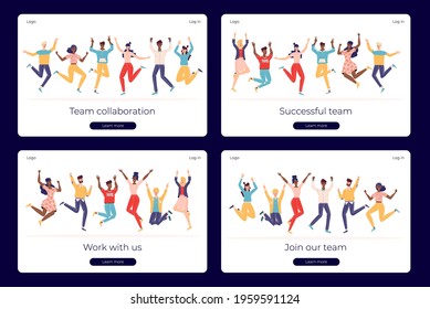 Happy people jumping set. Group of joyful people with raised hands jumping together. Positive and laughing men and women. Young funny teens guys and girls. Template for website or web landing page. 