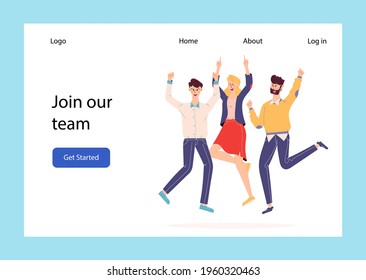 Happy people jumping set. Group of joyful people with raised hands jumping together. Positive and laughing men and women. Young funny teens guys and girls. Template for website or web landing page. 