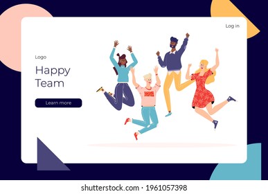 Happy people jumping set. Group of joyful people with raised hands jumping together. Positive and laughing men and women. Young funny teens guys and girls. Template for website or web landing page. 