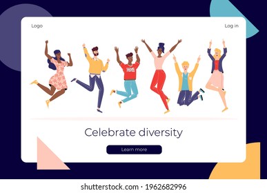 Happy people jumping set. Group of joyful people with raised hands jumping together. Positive and laughing men and women. Young funny teens guys and girls. Template for website or web landing page. 