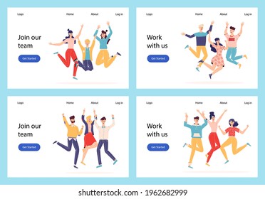 Happy people jumping set. Group of joyful people with raised hands jumping together. Positive and laughing men and women. Young funny teens guys and girls. Template for website or web landing page. 