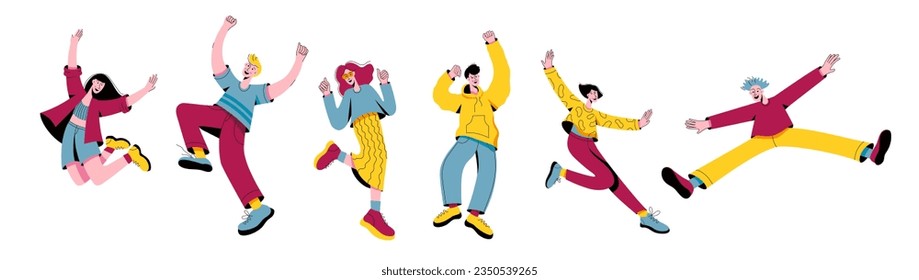 Happy people jumping set. Joyful young men and women, smiling students celebrating, jumping and dancing