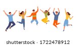 Happy people jumping set. Young funny teens guy, girl jumping together for joy joyful celebration victory team of smiling students celebrates success. Happy color cartoon vector graphics.