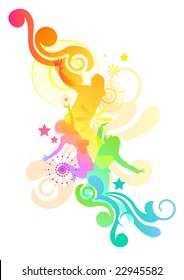 Happy people jumping with various design elements. Vector illustration