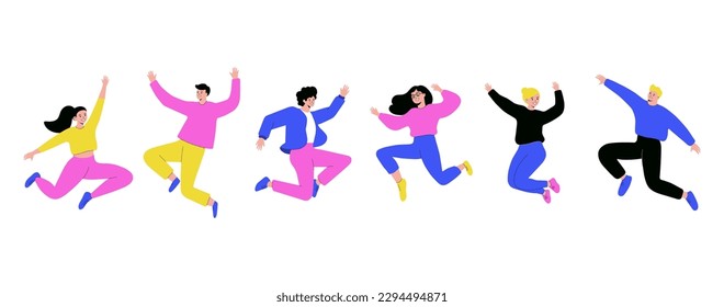 Happy people jumping, women and men flat design