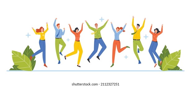 Happy People Jumping, Young Joyful Male and Female Office Employees or Business Characters Jump with Raised Hands. Happiness, Freedom, Motion and Motivational Concept. Cartoon Vector Illustration