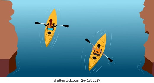 Happy people kayaking on the river. Traveler with kayak on water. Canoe players canoeing on lake. Joyful people enjoy water sports extreme outdoor active vector illustration. Nature travel adventure