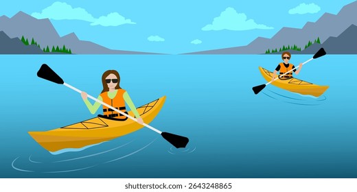 Happy people kayaking on the river. Traveler with kayak on water. Canoe players canoeing on lake. Joyful people enjoy water sports extreme outdoor active vector illustration. Nature travel adventure.
