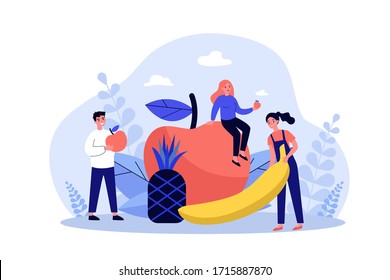 Gente feliz manteniendo una dieta saludable. Hombres y mujeres sosteniendo frutas, manzanas, piñas, plátanos. Ilustración vectorial de la aptitud, la nutrición dietista, el concepto de alimentos orgánicos