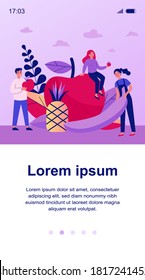 Happy people keeping healthy diet. Men and women holding fruits, apple, pineapple, banana. Vector illustration for fitness, dietitian nutrition, organic food concept
