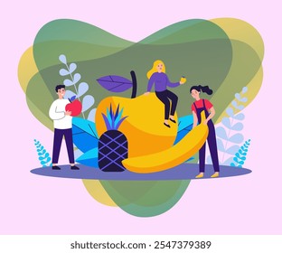 Happy people keeping healthy diet. Men and women holding fruits, apple, pineapple, banana. Vector illustration for fitness, dietitian nutrition, organic food concept