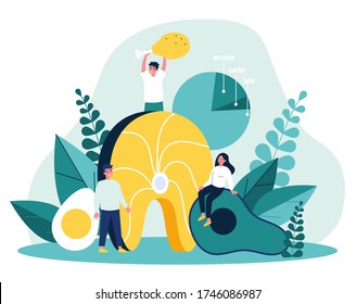 Happy people keeping keto diet and eating high fat and protein foods. Meat, fish, eggs and avocado lovers. Vector illustration for ketogenic diet, healthy nutrition concept