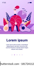 Happy people keeping keto diet and eating high fat and protein foods. Meat, fish, eggs and avocado lovers. Vector illustration for ketogenic diet, healthy nutrition concept