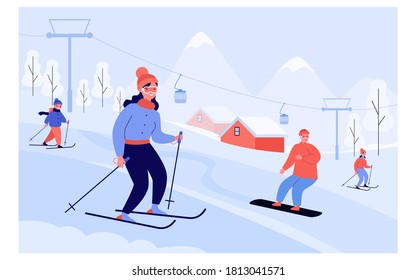 Happy people with kids skiing and snowboarding past elevator in mountains. Tourists enjoying vacation at ski resort. Vector illustration for winter sport activity concept