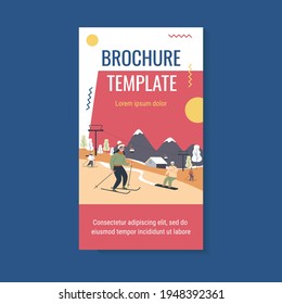 Happy people with kids skiing and snowboarding past elevator in mountains. Tourists enjoying vacation at ski resort. Vector illustration for winter sport activity concept