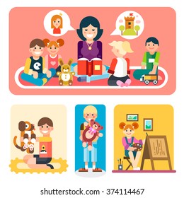 Happy people in the kindergarten. Happy children studying with a wise teacher. Boy playing with dog, girl making a beautiful painting. Flat vector illustration set. 