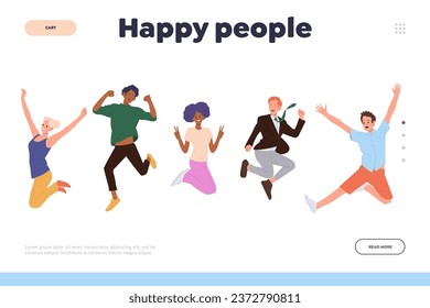 Happy people landing page design template with diverse overjoyed characters laughing and jumping