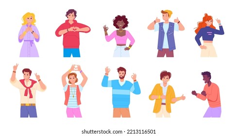 Happy people language gestures. Confident characters showing hand gesture sign ok, smile guy show yes or yeah body signal, student positive expressions vector illustration of success gesture hand