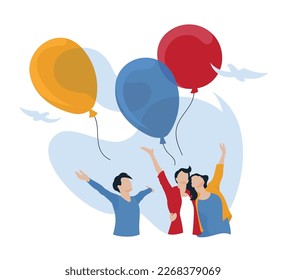 Happy people launch balloons into the sky. Festive mood. Blue sky, doves. Vector image.