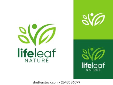 happy people with leaf nature health care logo vector design concept	
