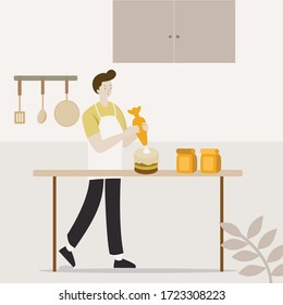 happy people learn how to make cake in the kitchen at home vector illustration concept, develope cooking skill and productivity, can use for, landing page, web, hompage, pster, banner, flyer