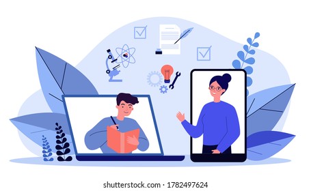 Happy people learning online via smartphone or laptop. Science, teacher, student flat vector illustration. Education and digital technology concept for banner, website design or landing web page