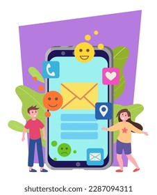 Happy people with letter on huge phone vector illustration. Tiny characters and smartphone with social media apps and green leaves. Communication, ecology, technology, social media concept