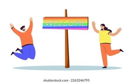Fröhliche Menschen mit LGBT Flag Vektorgrafik. Cartoon männliche und weibliche Charaktere springen fröhlich und Regenbogenzeichen mit Begrüßungsschrift auf weißem Hintergrund. LGBT, Gemeinschaftskonzept