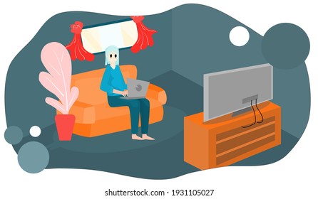 Happy people, lifestyle relax. Young woman sitting with notebook and watching TV inside living room, vector flat style. Illustration for content.  Relaxation lifestyle, vacations, happiness, enjoying 