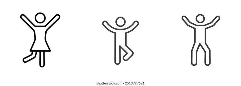 Ícones de linha de pessoas felizes definidos. Conjunto de três ícones de linha representando indivíduos felizes com braços levantados.  Perfeito para uso em web design, desenvolvimento de aplicativos ou apresentações.