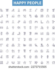 Happy people line icons, signs set. Cheerful, Joyful, Grinning, Content, Gleeful, Carefree, Mirthful, Blissful, Jocular outline vector illustrations.