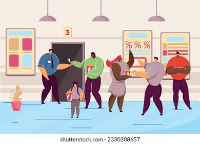 Happy people in line for movie vector illustration. Viewers holding popcorn, discussing movie ticket price cap, rushing to cinema. Entertainment industry, cinema crisis concept