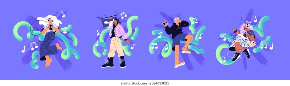 Happy people listen to music concept set. Characters dance by positive songs from mixtape, audio player. Men and women enjoy melodies, records with headphones. Flat isolated vector illustrations